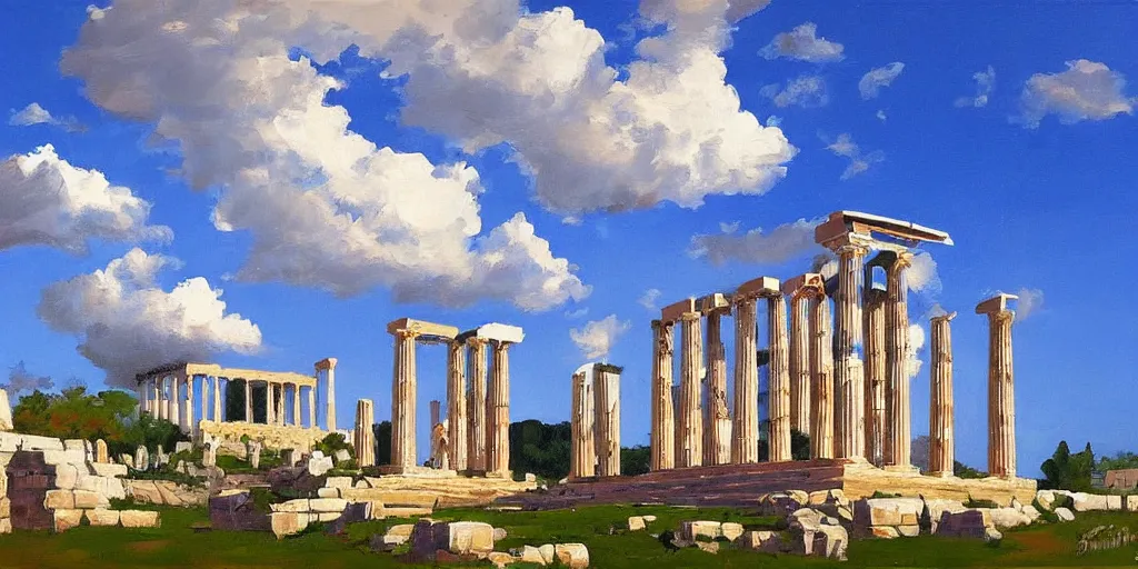 Prompt: ancient greek civilization, high towers, clouds in the sky, landscape mode made by ben aronson