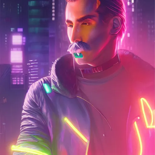 Image similar to a beautiful commission portrait of a male mustache canary wearing a neon jacket, futuristic, detailed face, cyberpunk city, deviantart, artstation, art by greg rutkowski, ross tran, professional lighting, neon city, night, raytracing, highly realistic,4k,dramatic,hyperrealism