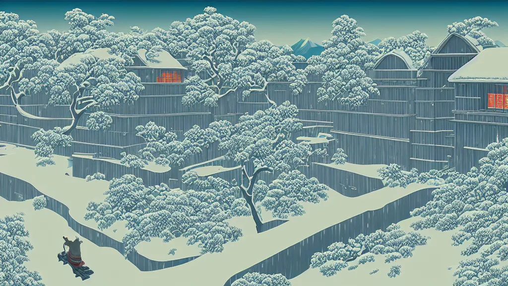 Image similar to A winter in hell, flat design, screen print by Kawase Hasui and dan hillier, 8k unreal engine