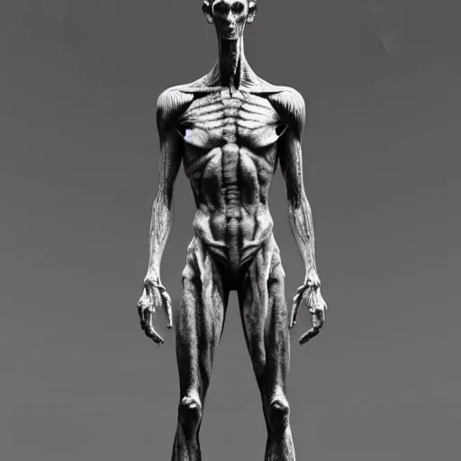 Image similar to standing photorealistic detailed tall skinny humanoid creature, extremly detailed, black and white, 8 k, realistic, sharp focus, cosmic horror creature, cosmic horror