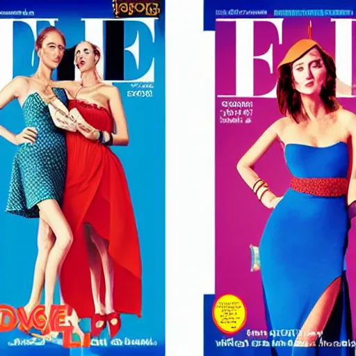 Prompt: magazine cover art featuring two scantily clad women. one wearing blue dress and the other in a red sarong. in the style of elle, vogue, cosmopolitan