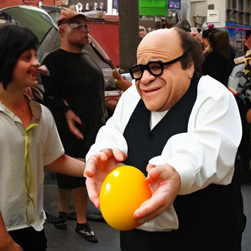 Prompt: danny devito offering me an egg, trending on artstation