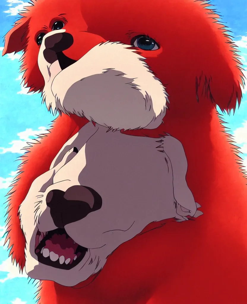 Image similar to beautiful painting from the anime film by studio ghibli, red anthropomorphic dog human hybrid wearing human clothes, drooling, fur, trending on artstation