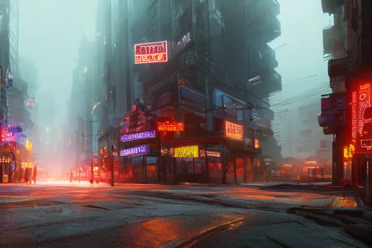 Prompt: a photo of a cyberpunk western town in a foggy canyon, style of roger deakins, extremely high detail, 8 k, volumetric lightning, unreal engine, photorealism, hyperrealism