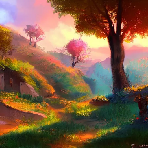 Image similar to beautiful landscape of a indian village, artstation, 4k, hd, digital art, colourful