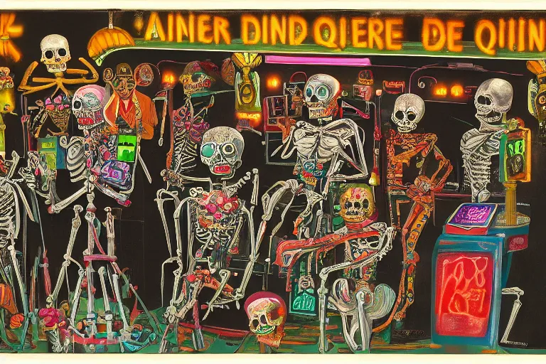 Prompt: scene from amusement arcade, day of the dead, cyber skeletons, queen in black silk in the center, neon painting by otto dix