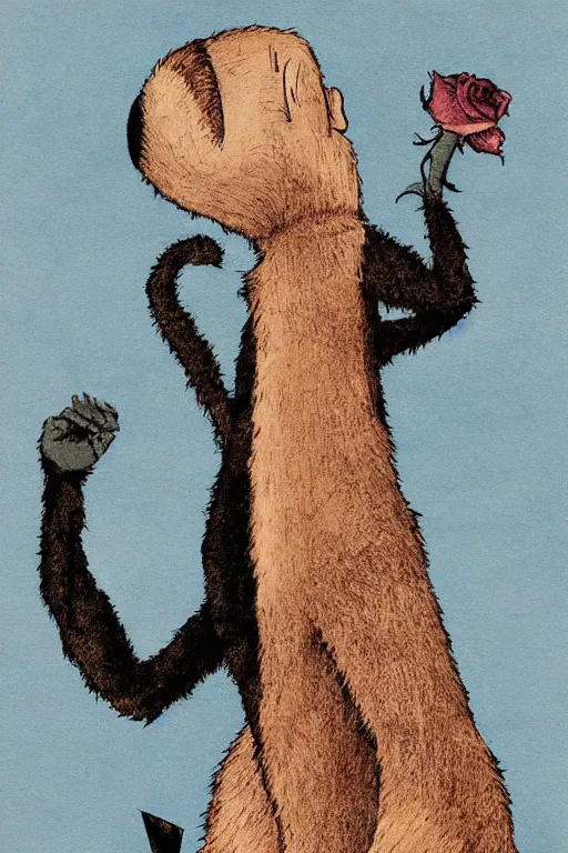 Image similar to Artwork by Maurice Sendak of Abe the Forgotten Beast, A towering humanoid composed of rose gold, with a gaunt appearance and a matted grey fur