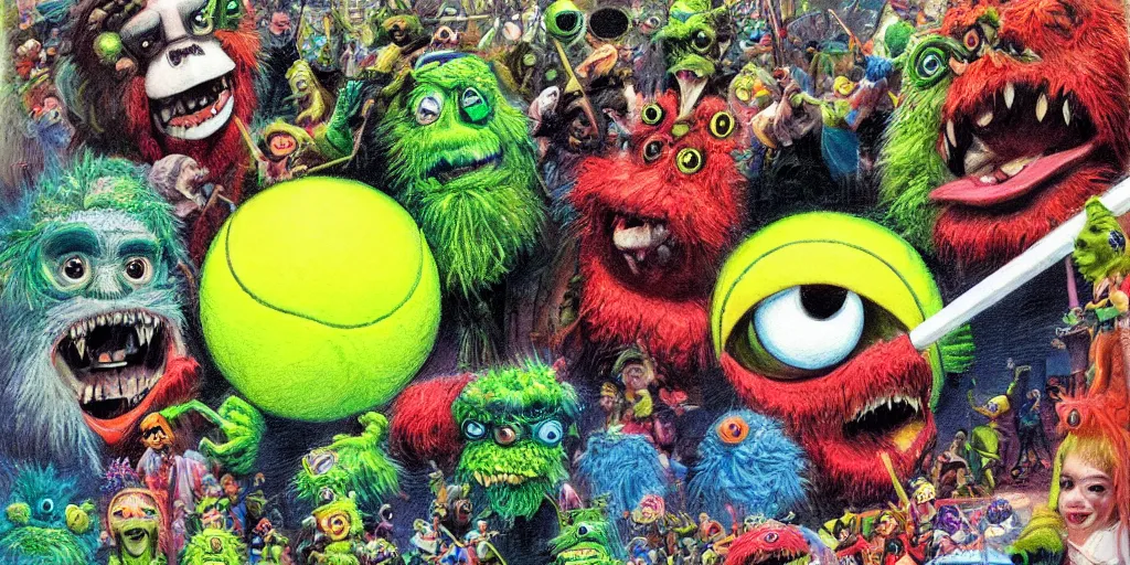 Prompt: tennis ball monsters, parade, theme park, digital art, fantasy, magic, chalk, chalked, trending on artstation, ultra detailed, detailed, fine details, professional illustration by basil gogos