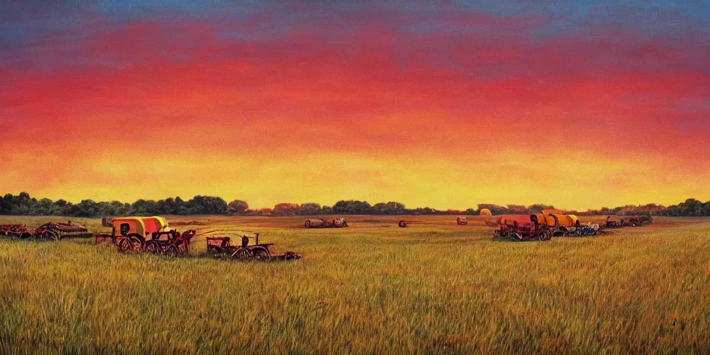 Prompt: empty grass land for miles in every direction there is a long caravan of people and wagons on the horizon puffy clouds in the sky at sunset, golden hour, rule of thirds, realistic art, red and yellow