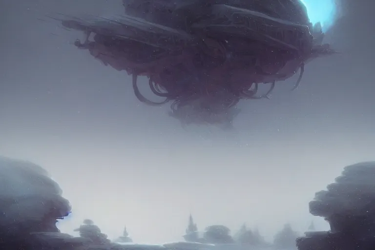 Prompt: jakub rosalski a magical animation from a video game of a spaceship hovering over a foggy snow covered landscape, by greg rutkowski and frank frazetta and peter mohrbacher and william blake and dan mumford, volumetric lighting, cinematic lighting, insanely detailed, intricate, artstation, cgsociety, painted by Simon Stalenhag, concept art, illustration, sharp focus