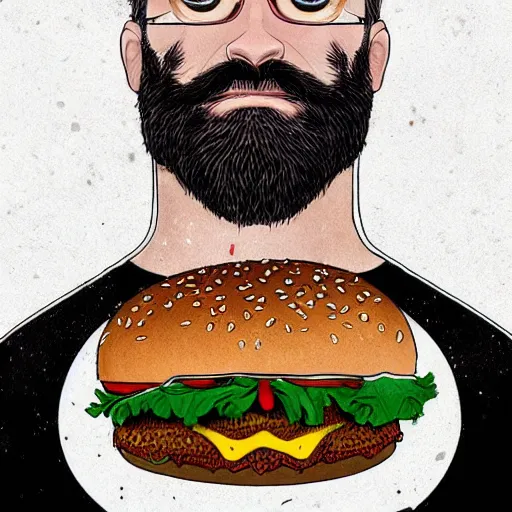 Image similar to beard man angry with italian burger. symmetrical anatomy, very intricate details, digital art, baroque, pop punk art style, colorful, accompanied by body, without duplication, dribble popular, artstation trending, drawn by ilya kuvshinov and iwan suastika and vinicius gud and gustavo zambelli, intricate, balance rendered.