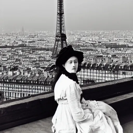 Prompt: a young edwardian woman sits in a window overlooking paris with the eiffel tower visible in the background, the moon is behind the eiffel tower