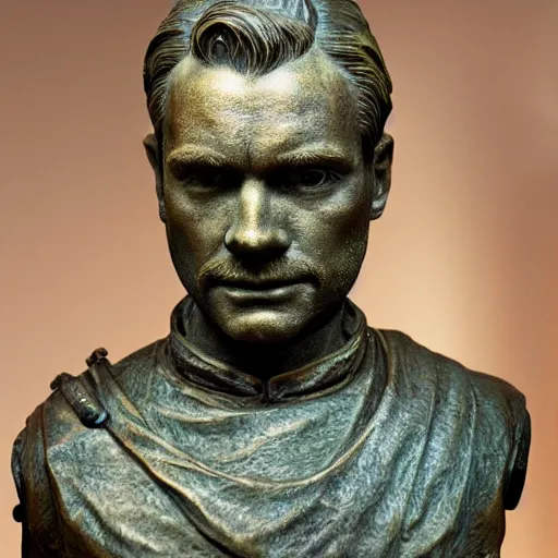 Image similar to detailed photo of an old bronze patina statue of a ewan mcgregor bust, intricate detail, museum lighting