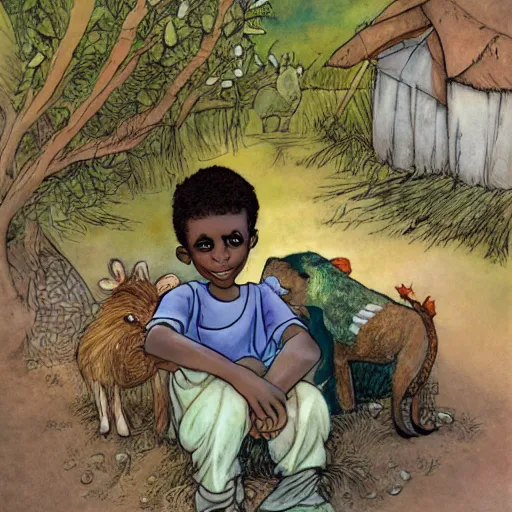 Prompt: award winning julia donaldson and rebecca guay style illustration drawing of a friendly south african boy and is little brother who holds a hazardous bottle, in a sunny african urban township environment in the 1 9 9 0's.