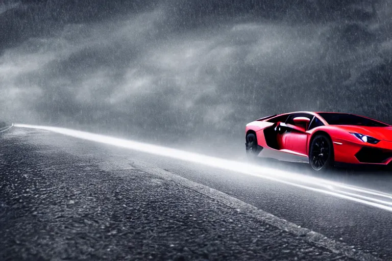 Image similar to a cinematic photograph of a lamborghini aventador driving through a vast mountainous landscape whilst neon lightening strikes on the car, rain falls, ultra realistic, high definition