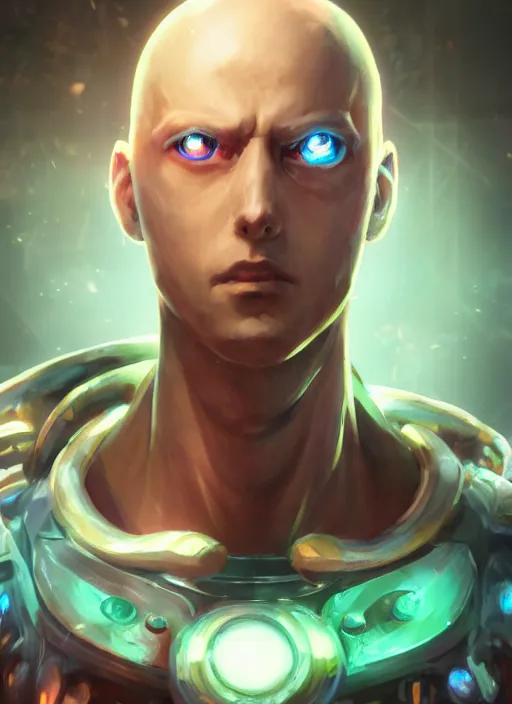 Prompt: biopunk portrait of saitama as a champion from league of legends, au naturel, hyper detailed, digital art, trending in artstation, cinematic lighting, studio quality, smooth render, unreal engine 5 rendered, octane rendered, art style by pixar dreamworks warner bros disney riot games and arcane.