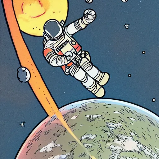 Image similar to bill watterson illustration of an astronaut drifting in space staring at the earth