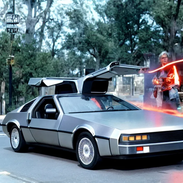 Prompt: back to the future 2, movie still, 4 k, movie grain, remastered, tesla cybertruck instead of a delorean, cinema, dramatic illumination, detailed, real,