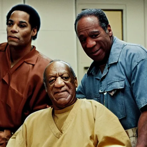 Image similar to bill cosby, michael jackson, and oj simpson in a prison cell together, award winning, 8k