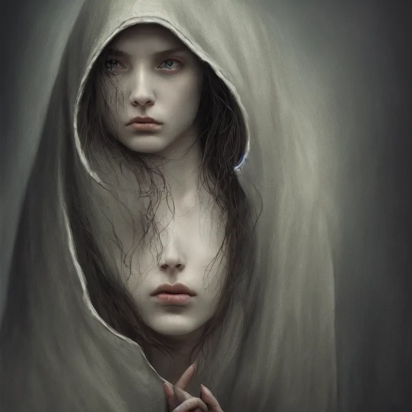 Image similar to Portrait of a young woman wearing a hooded robe, anatomically correct, perfect face, cinematic shot, unique, intricate, elegant, highly detailed digital painting, trending on Artstation, concept art, smooth, sharp focus, illustration and art by Beksinski