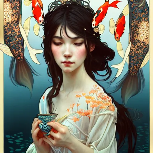 Image similar to Portrait of a girl surrounded by Koi fish, face, fantasy, intricate, elegant, highly detailed, digital painting, artstation, concept art, smooth, sharp focus, illustration, art by Yuhong Ding and Artem Demura and alphonse mucha