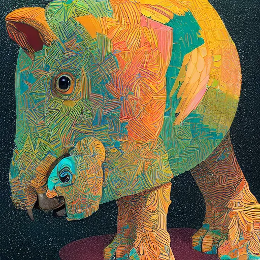 Prompt: cross between parrot and rhinoceros, digital art, oil painting victo ngai