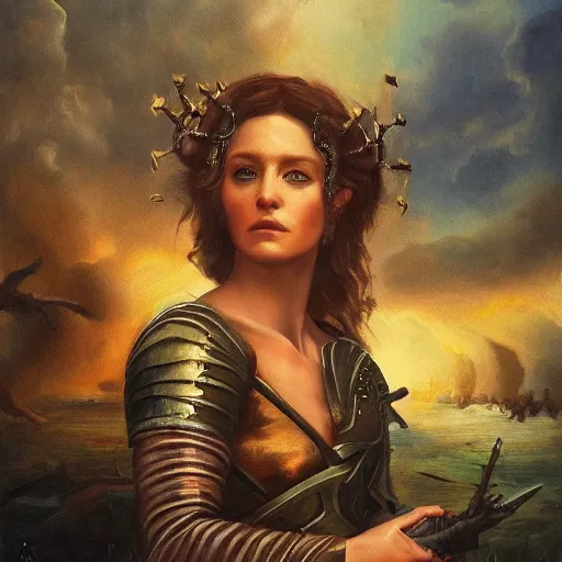 Image similar to the goddesses fraya going to war with her army, oil painting, golden hour, high detail.