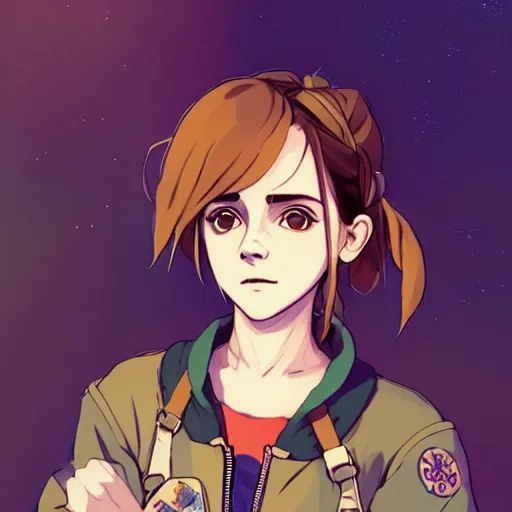 Image similar to beautiful boyish emma watson in majora's mask, wearing oversized mayan bomber jacket with overalls and leotard, bulky poofy bomber jacket with mayan patterns, aztec street fashion, gapmoe yandere grimdark, trending on pixiv fanbox, painted by greg rutkowski makoto shinkai takashi takeuchi studio ghibli, akihiko yoshida