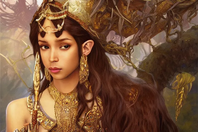 Prompt: portrait of Princess Zelda, brown skin, fantasy, intricate, elegant, dramatic lighting, emotionally evoking symbolic metaphor, highly detailed, lifelike, photorealistic, digital painting, artstation, concept art, smooth, sharp focus, illustration, art by John Collier and Albert Aublet and Krenz Cushart and Artem Demura and Alphonse Mucha