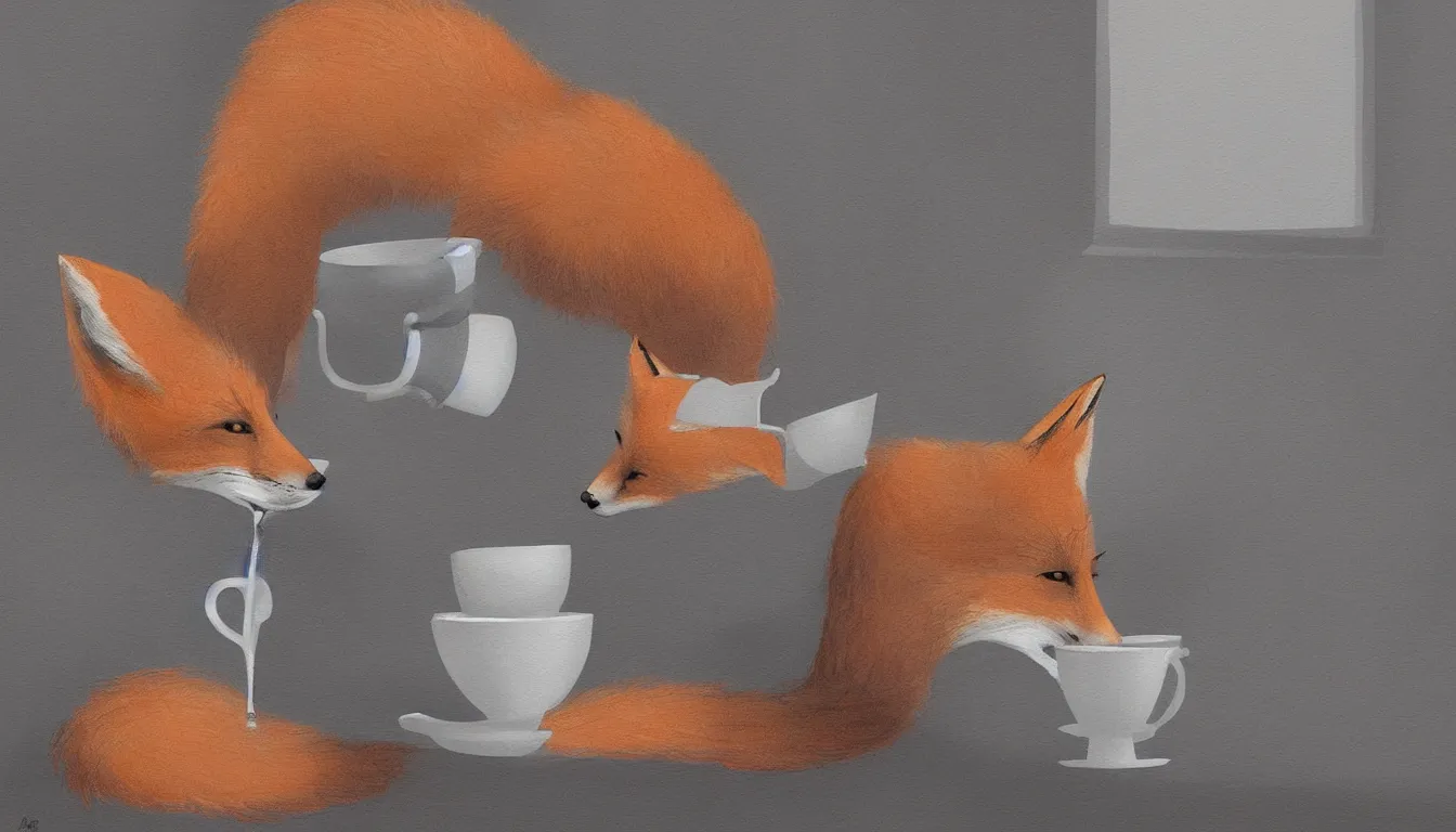 Prompt: A fox sipping a cup of tea near a window, furry art, digital art