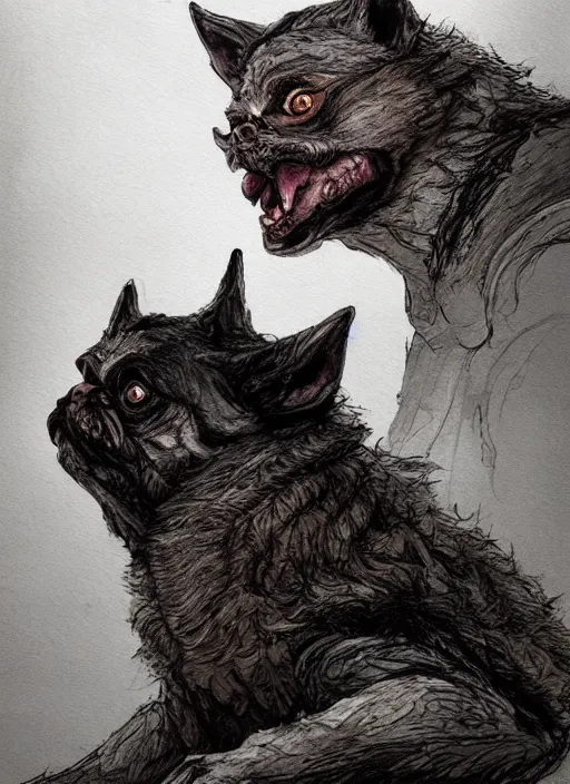 Prompt: werewolf pug, watercolor, dramatic lighting, cinematic, establishing shot, extremely high detail, foto realistic, cinematic lighting, pen and ink, intricate line drawings, by Yoshitaka Amano, Ruan Jia, Kentaro Miura, Artgerm, post processed, concept art, artstation, matte painting, style by eddie mendoza, raphael lacoste, alex ross