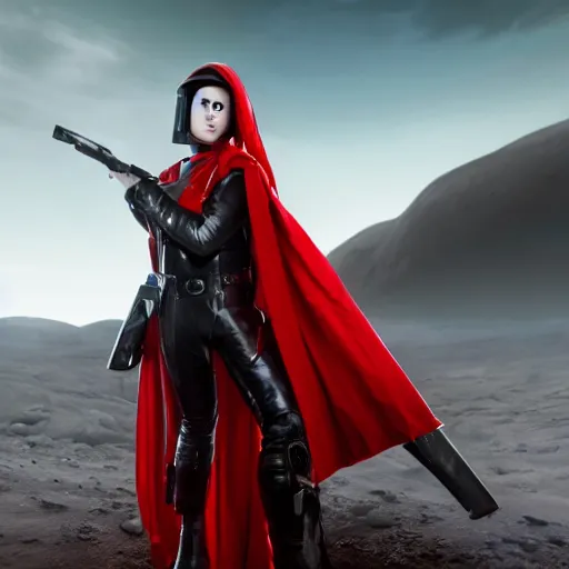 Prompt: a young female soldier with soot marks on her face, elegant, no makeup, in glossy sleek white bloodstained dinged scuffed armor , long torn red cape, heroic posture, determined expression, no helmet, on the surface of mars, dramatic lighting, cinematic, sci-fi, hyperrealistic, detailed