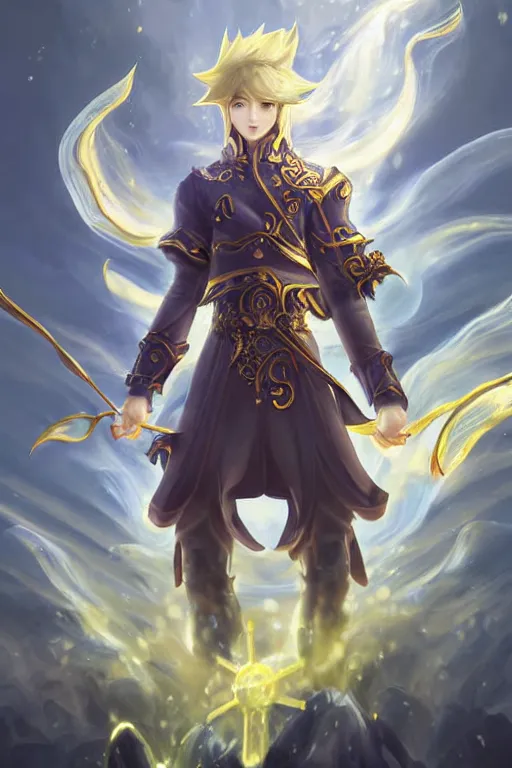 Image similar to fullbody portrait of a young male fit hero with strange hairs, soft smile, baroque cloth, luminous scene, final fantasy and legue of legends champion, by chengwei pan and sakimichan, gradient white to gold, in front of an iridescent magical building background, highly detailed portrait, digital painting, smooth, focus illustration