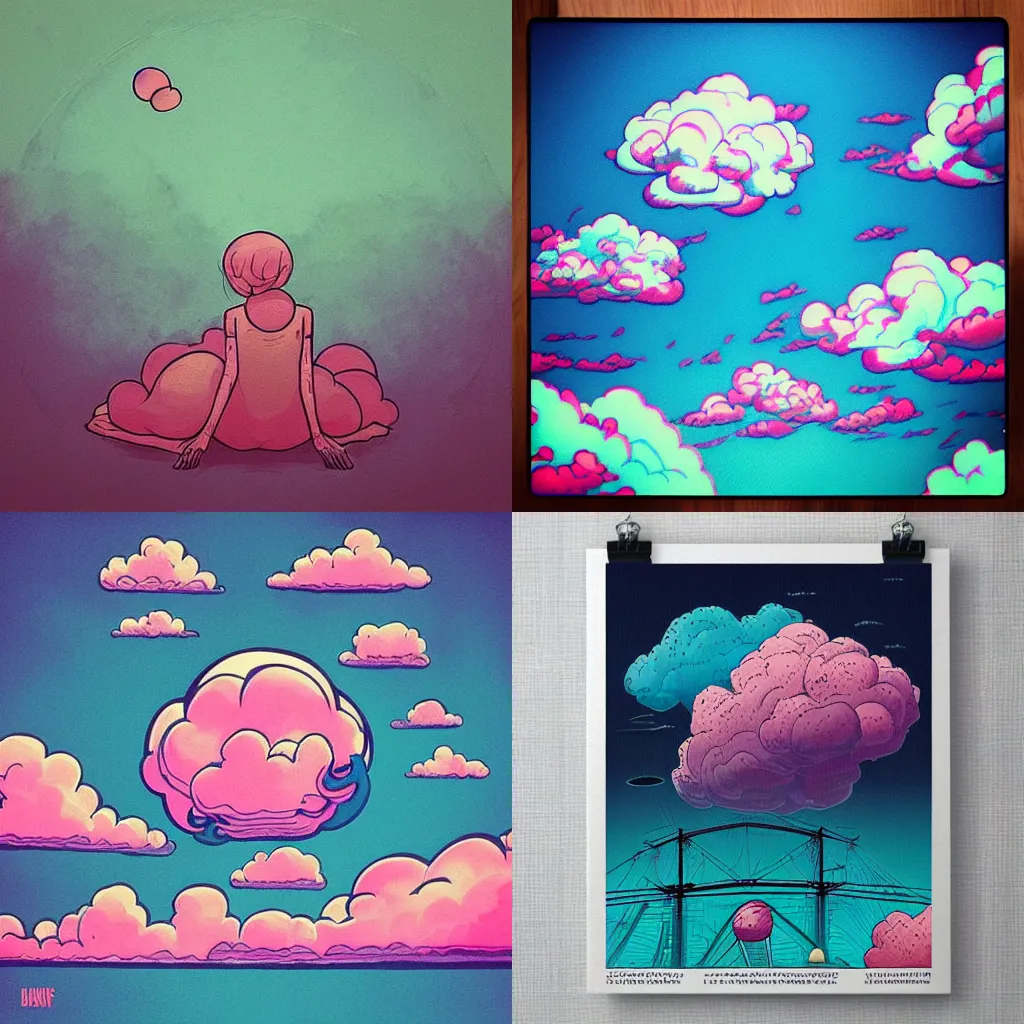 Prompt: “cotton candy sky, album art in the style of James Jean, dotart”