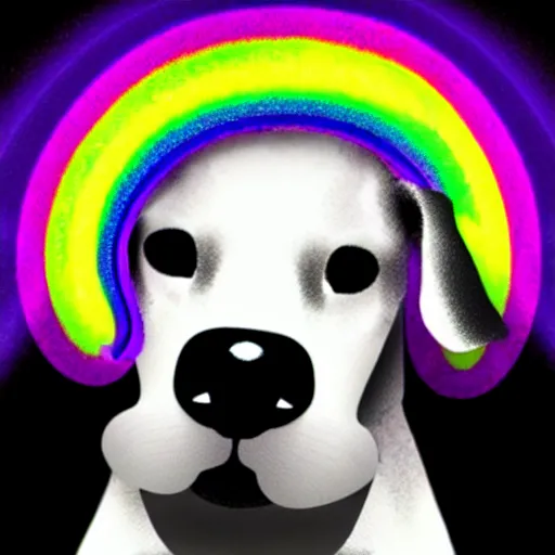 Image similar to an emo dog with rainbow hair, sparkles, deviantart, low quality