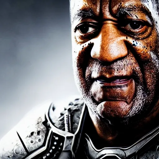 Image similar to Photo portrait of Bill Cosby as 'Crusader-Patriot-Knight'!! in Gears of War, splash art, movie still, detailed face, photorealistic facial features, cinematic lighting, dramatic, octane render, long lens, shallow depth of field, bokeh, anamorphic lens flare, 8k, hyper detailed, 35mm film grain