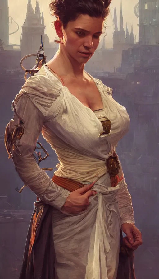 Image similar to tailor on the market, man, sweaty, insane, intricate, highly detailed, digital painting, artstation, concept art, smooth, sharp focus, illustration, Unreal Engine 5, 8K, art by artgerm and greg rutkowski and alphonse mucha