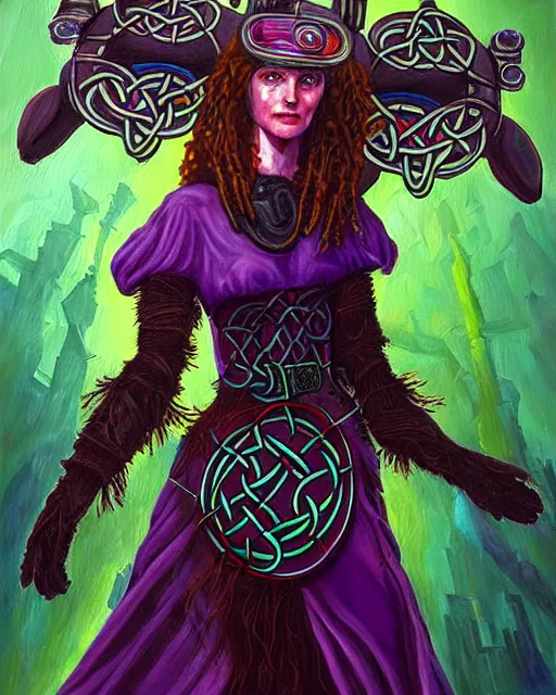 Image similar to celtic scifi druid of the highlands, wearing a lovely dress with cyberpunk details. this oil painting by the beloved children's book author has an interesting color scheme and impeccable lighting.