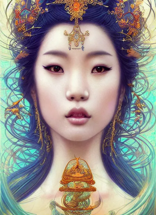 Image similar to asian goddess of the koi!! portrait of a seductive queen in underwater murky light, wind blown hair! fantasy esoteric, closeup, d & d, fantasy, intricate, elegant, highly detailed, digital painting, artstation, concept art, matte, sharp focus, illustration, art by artgerm and tom bagshaw and greg rutkowski and alphonse mucha