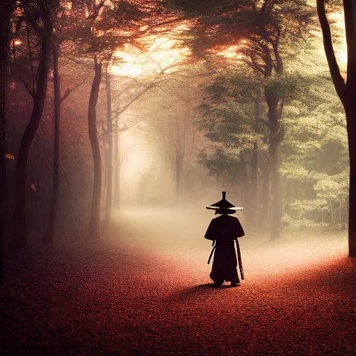 Image similar to a samurai walks alone through the light woods, bright, scenic, lively, cinematic lighting, intricate detail