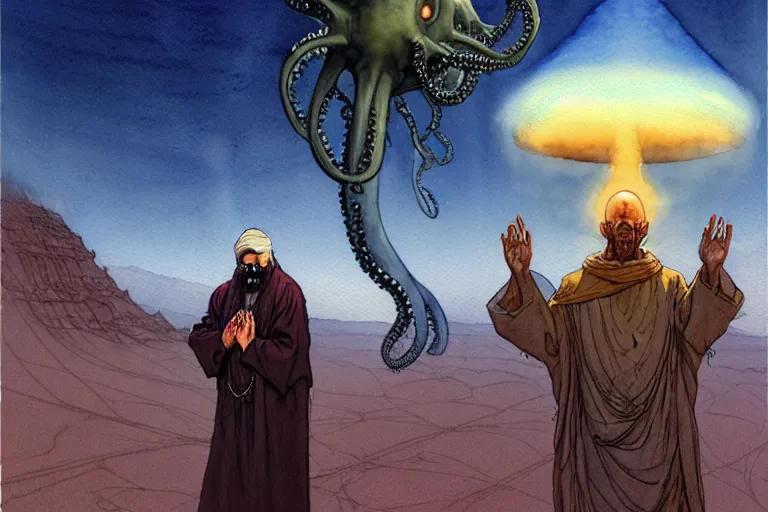 Image similar to a hyperrealist watercolour character concept art portrait of a middle eastern merchant keeling down in prayer in front of a lovecraftian alien with 1 2 eyes on a misty night in the desert. a ufo is in the background. by rebecca guay, michael kaluta, charles vess and jean moebius giraud