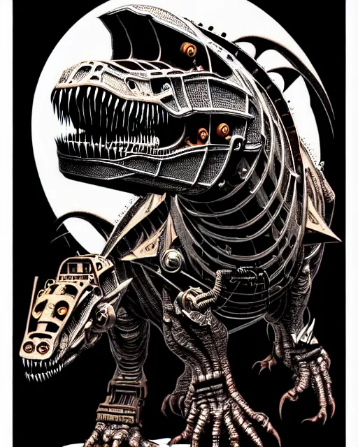 Image similar to a steampunk cyborg t - rex dinosaur, high details, symmetry, bold line art, by vincent di fate and joe fenton, inking, etching, screen print, masterpiece, trending on artstation, sharp, high contrast, hyper - detailed,, hd, 4 k, 8 k