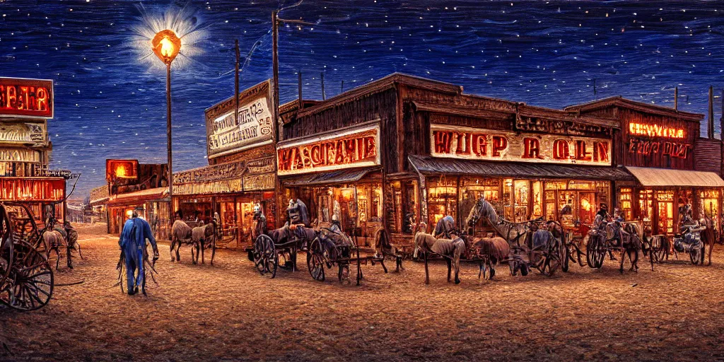 Prompt: photorealist painting of wild west small town, western, old west, nighttime, high production value, intricate details, high resolution, hyperrealistic, hdr, high definition, masterpiece, ultra realistic, highly detailed, hd, sharp focus, non blurry, sharp, smooth