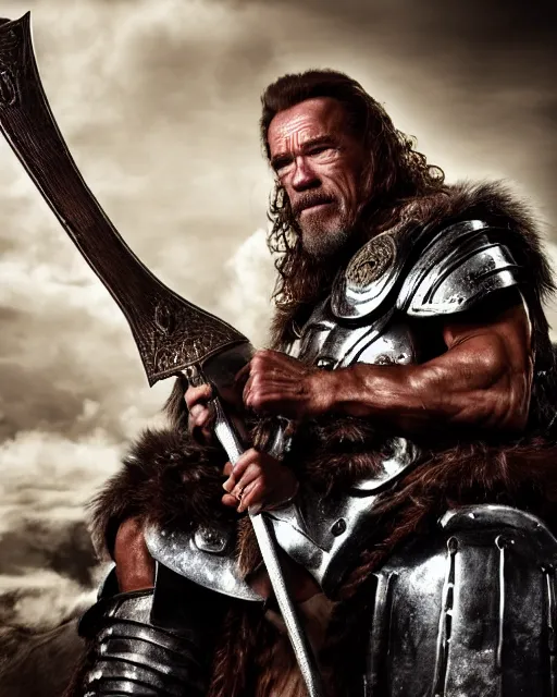 Image similar to arnold schwarzenegger as king conan, directed by john millius, photorealistic, sitting on a metal throne, wearing ancient cimmerian armor, a battle axe to his side, he has a beard and graying hair, cinematic photoshoot in the style of annie leibovitz, studio lighting