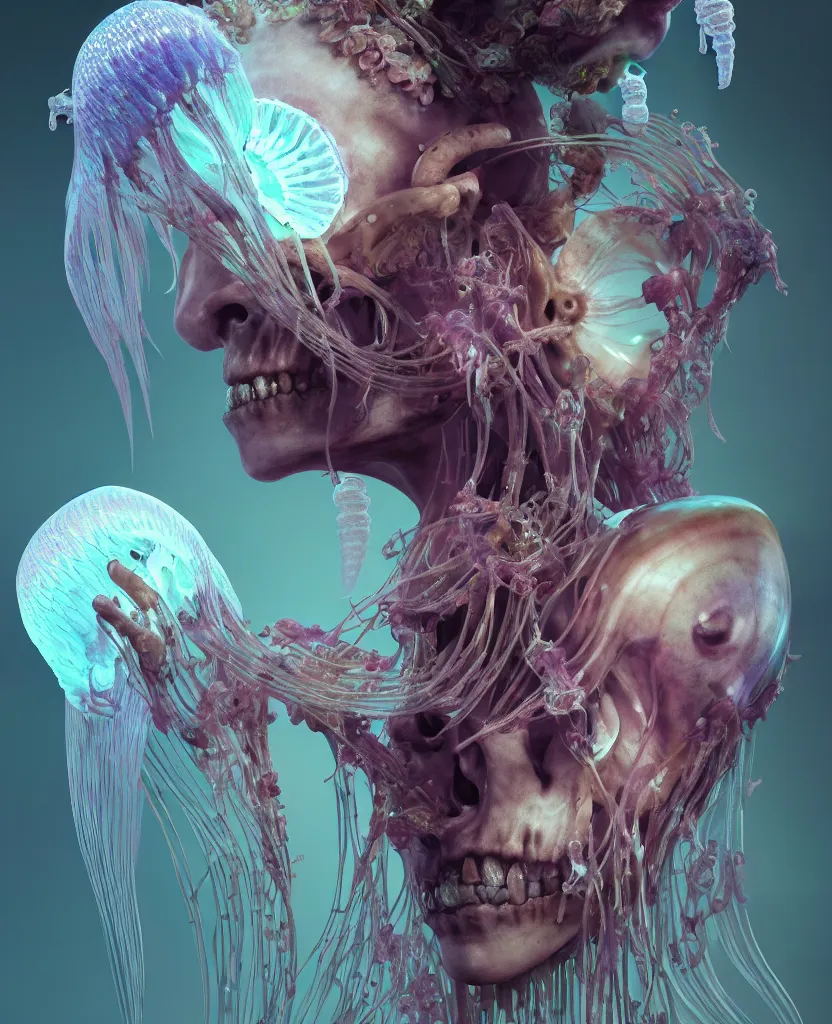 Image similar to goddess close - up portrait human skeleton, ram skull, jellyfish, orchid, betta fish, bioluminiscent, intricate artwork by tooth wu and wlop and beeple. octane render, trending on artstation, greg rutkowski very coherent symmetrical artwork. cinematic, hyper realism, high detail, octane render, 8 k