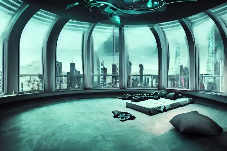 Image similar to a futuristic sparse bedroom with large curved ceiling high windows looking out to a far future cyberpunk cityscape, flying drones outside, night time, cyberpunk neon lights, raining