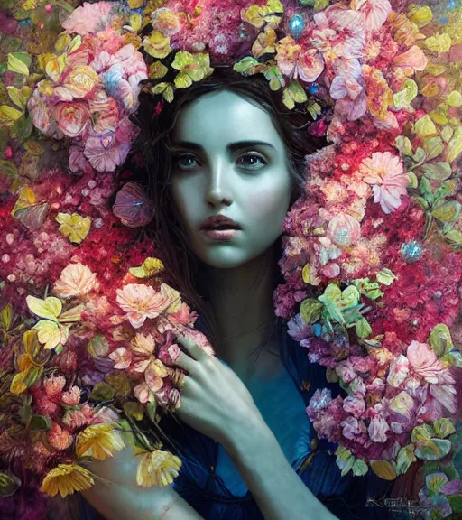 Prompt: portrait of ana de armas, surrounded by flowers by karol bak, james jean, tom bagshaw, rococo, trending on artstation, cinematic lighting, hyper realism, octane render, 8 k, hyper detailed