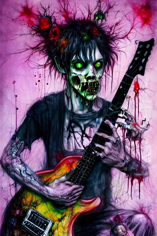 Prompt: zombie punk rocker playing guitar by agnes cecile, brian froud, intricated details, 3 / 4 view, full body portrait, extremely luminous bright design, horror, pastel colours, toxic drips, autumn lights