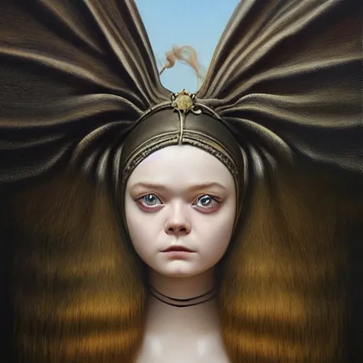 Prompt: a striking hyper real painting of Elle Fanning, dark, metal, by Vladimir Kush