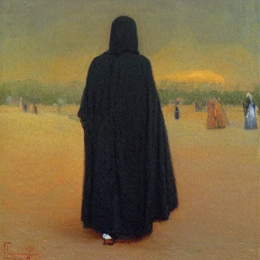 Image similar to Back view of the grim reaper, thin black robe, curvy, peach emoji, death himself, elegant, deep shadows, award winning, by Ilya Repin, deviant art